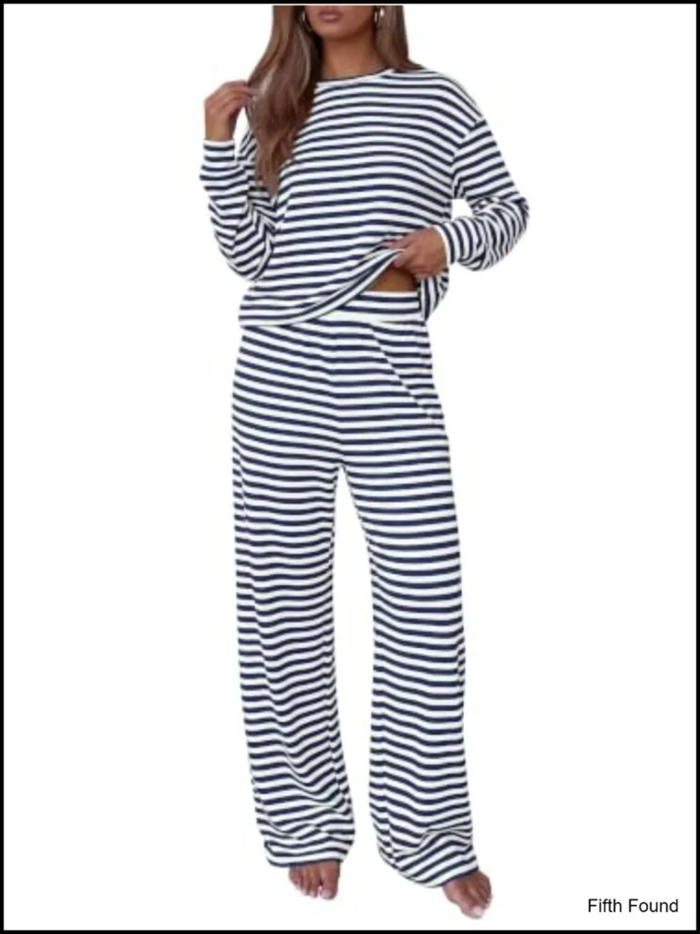 Striped Lounge Set with Wide Leg Pants, 95% Cotton 5% Elastane